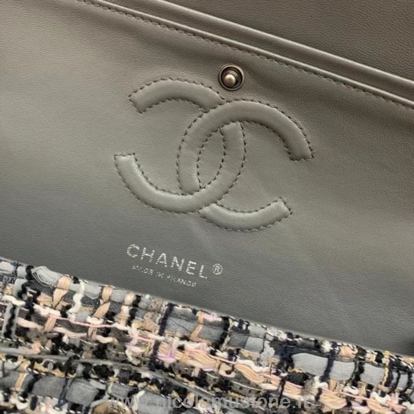 Qualità Originale Chanel Mini Patta Borsa 25 Cm Tweed/pelle Di Agnello Hardware Argento Crociera Primavera/estate 2022 Collezione Nero/bianco/grigio