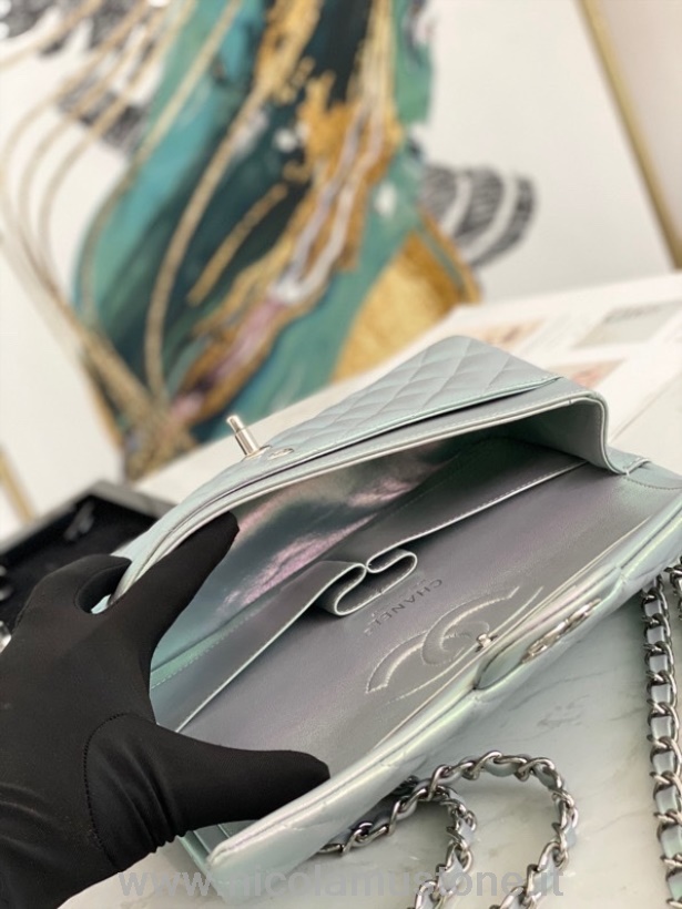 Qualità Originale Chanel Iridescente Borsa Classica Con Patta 25 Cm Pelle Di Agnello Hardware Argento Crociera Collezione Primavera/estate 2022 Multicolor Perla