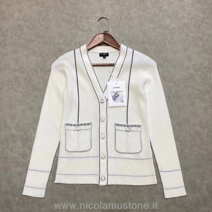 Camicia Cardigan In Maglia A Costine Chanel Di Qualità Originale Collezione Autunno/inverno 2020 Bianca
