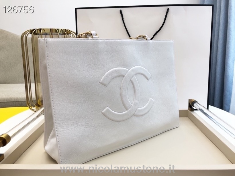 Borsa Shopping Chanel Di Qualità Originale 38cm Pelle Di Vitello Invecchiata Hardware Oro Collezione Autunno/inverno 2020 Bianco