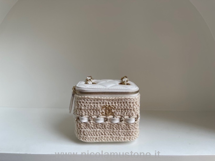 Qualità Originale Chanel Crochet Vanity Case 16 Cm Ap2470 Hardware Oro Pelle Di Agnello Collezione Primavera/estate 2022 Bianco