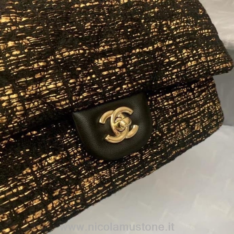 Qualità Originale Chanel Mini Borsa Con Patta 25 Cm Tweed/pelle Di Agnello Hardware Oro Crociera Collezione Primavera/estate 2022 Nero/oro