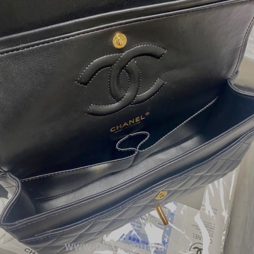 Qualità Originale Chanel Iridescente Borsa Classica Con Patta 25 Cm Pelle Di Agnello Hardware Oro Crociera Collezione Primavera/estate 2022 Nero