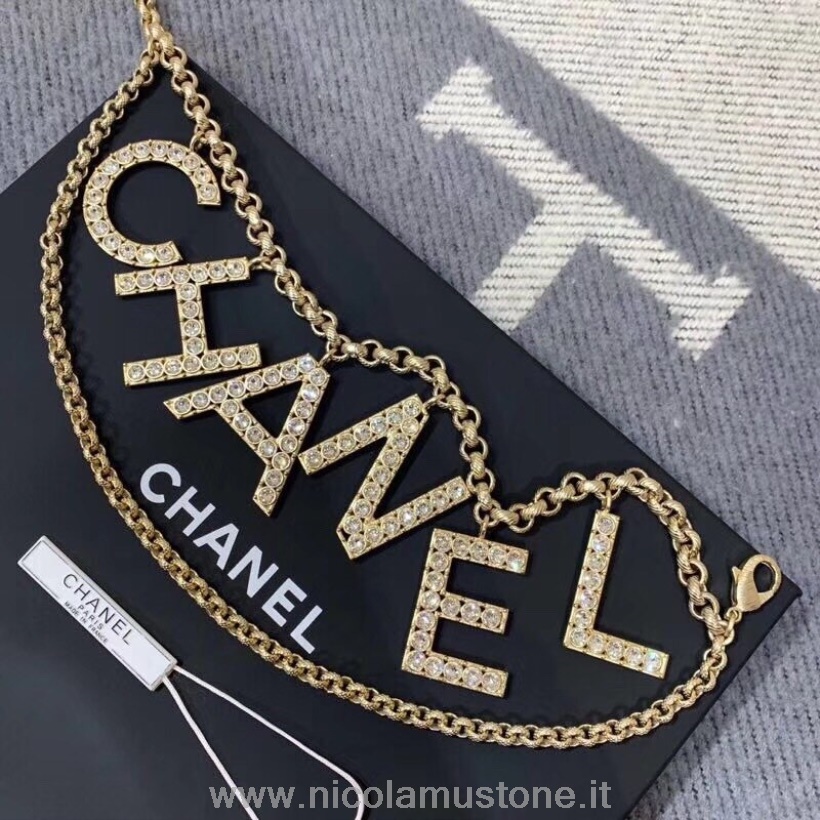 Qualità Originale Chanel Cintura Doppia Catena Metallo E Strass Ab1386 Collezione Primavera/estate 2019 Oro