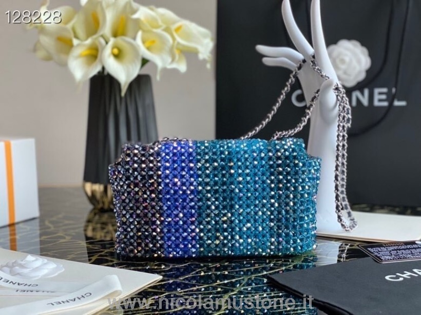 Borsa Da Sera Chanel Con Perline Di Cristallo Di Qualità Originale 22cm Hardware Argento Collezione Autunno/inverno 2020 Blu