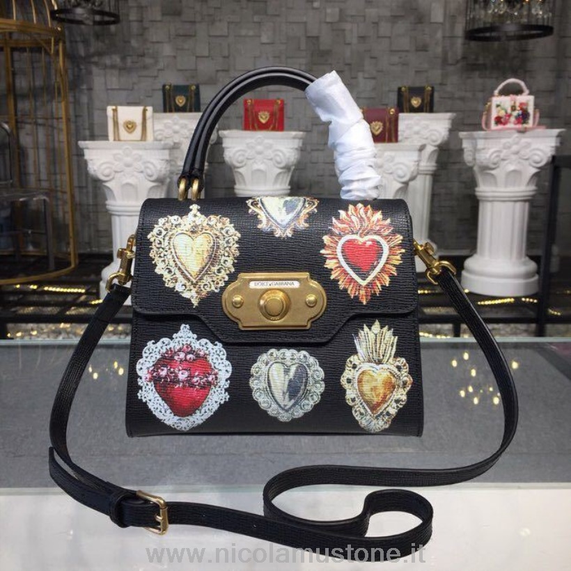 Qualità Originale Borsa Benvenuto Dolce Gabbana Stampa Maiolica 24cm Pelle Vitello Collezione Autunno/inverno 2018 Nero