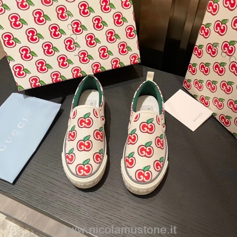 Originele Kwaliteit Gucci 1977 Appelprint Slide-on Sneakers Lente/zomer 2021 Collectie Wit