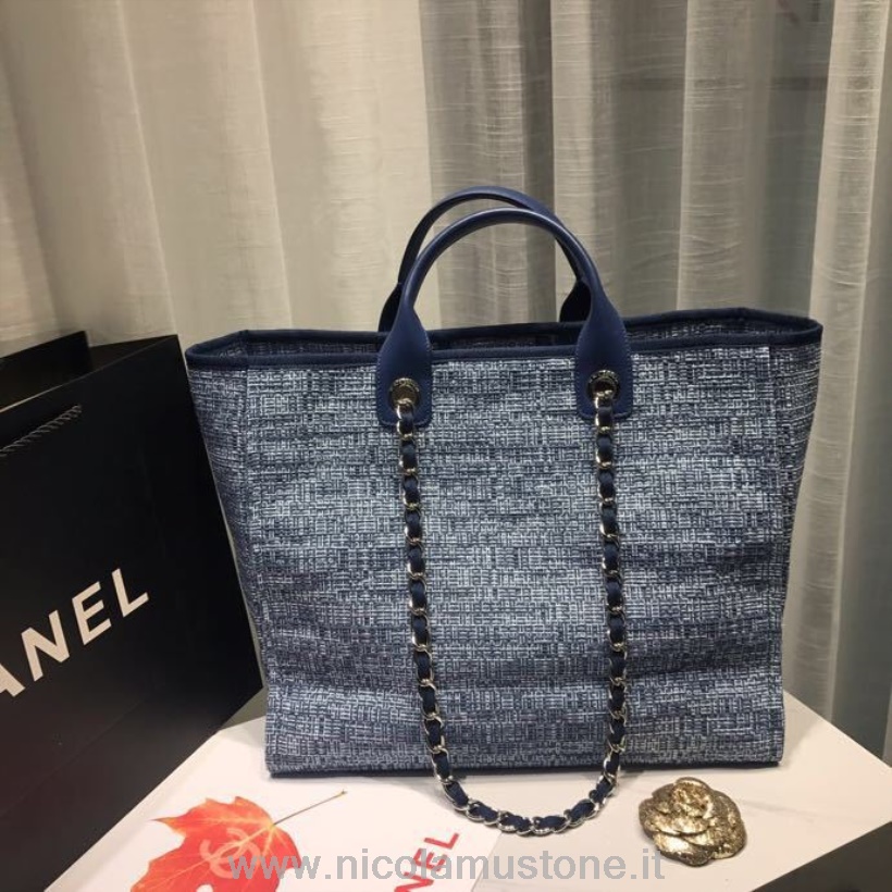 Originele Kwaliteit Chanel Deauville Tote 38cm Canvas Tas Lente/zomer 2019 Collectie Marineblauw/wit