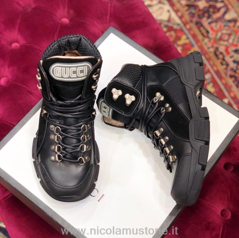Originele Kwaliteit Gucci Flashtrek Gg Hightop Sneakers Kalfsleer Herfst/winter 2019 Collectie Zwart