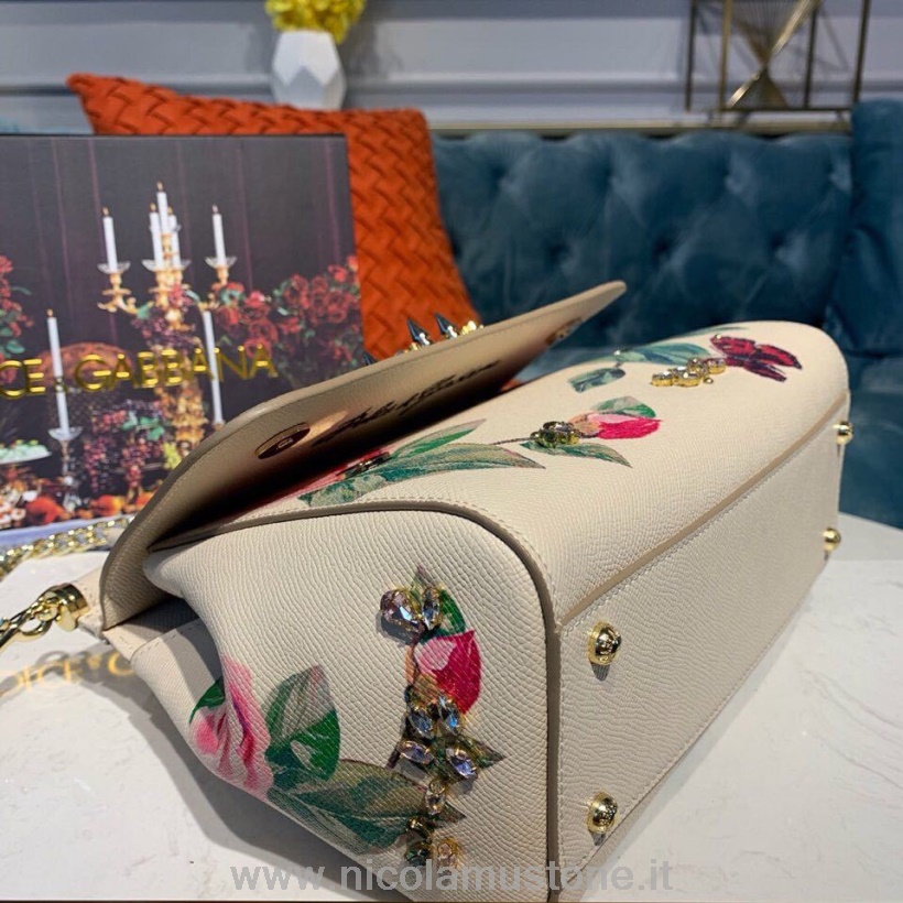Originele Kwaliteit Dolce Gabbana Bloemen Sicilië Tas 20cm Met Dg Kristal Generfd Kalfsleer Herfst/winter 2019 Collectie Wit