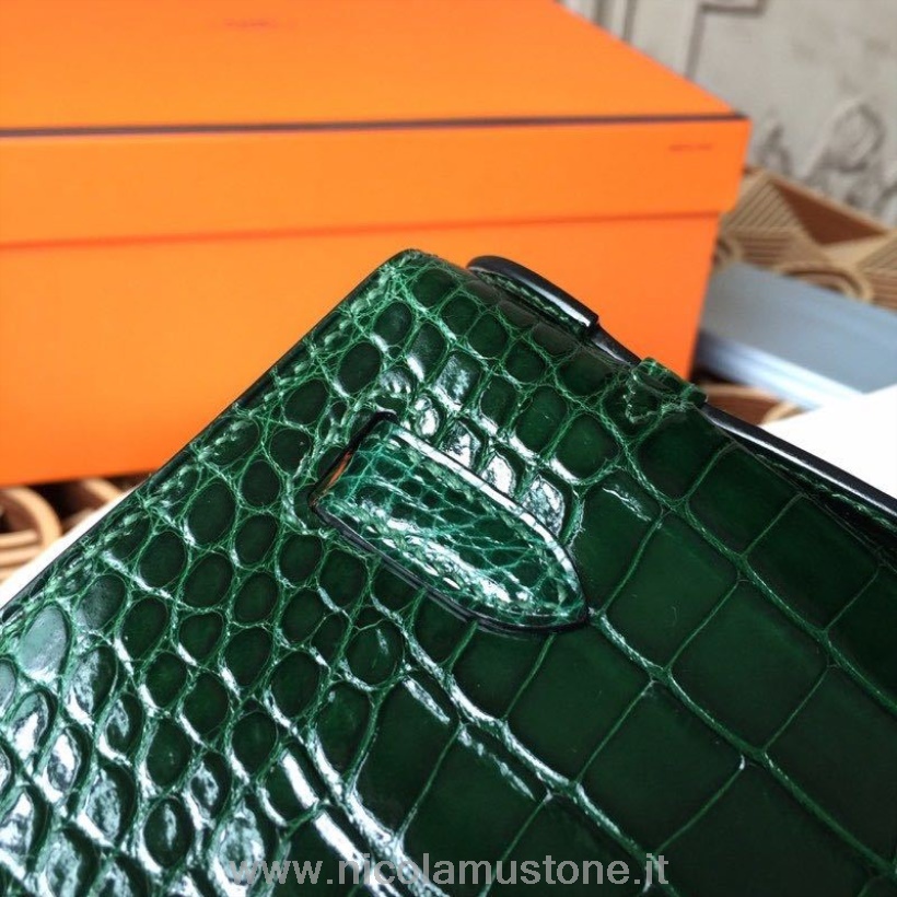 Originele Kwaliteit Hermes Kelly Pochette 22cm Krokodillentas Gouden Hardware Volledig Handgestikt Vert Fonce