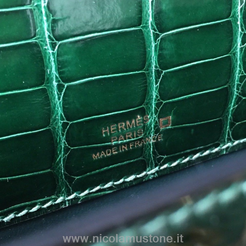 Originele Kwaliteit Hermes Kelly Pochette 22cm Krokodillentas Gouden Hardware Volledig Handgestikt Vert Fonce