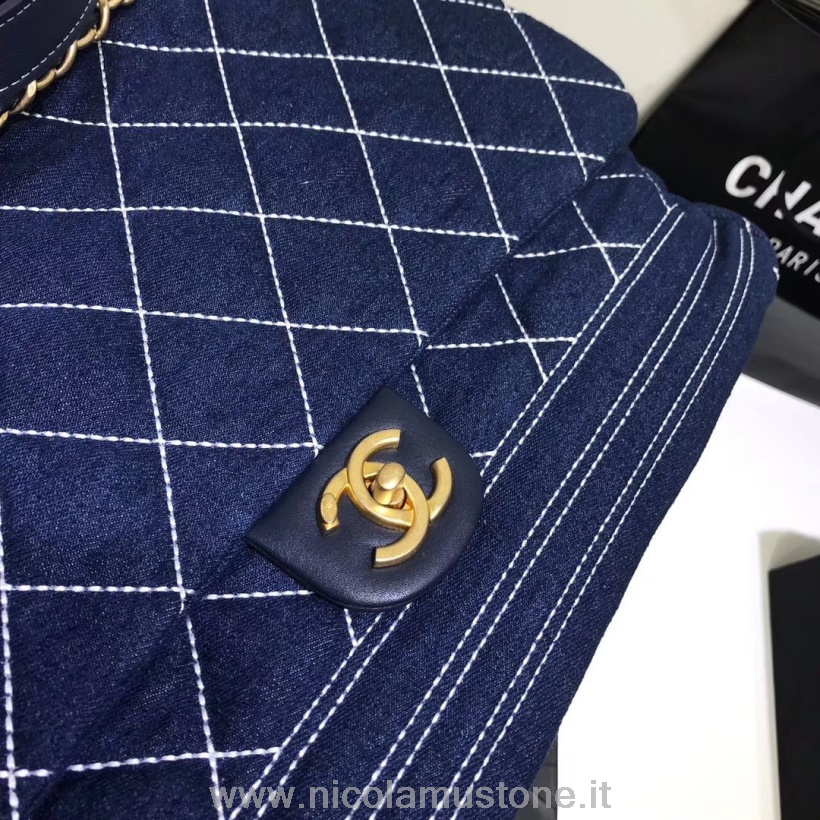 Originele Kwaliteit Chanel Denim Bowlingtas 42cm As1330 Cruise 2020 Collectie Denimblauw