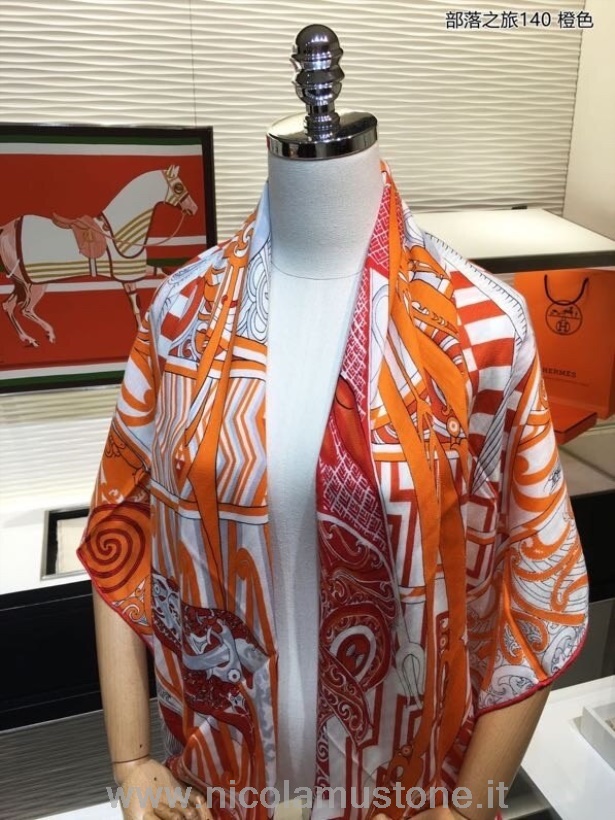 Originele Kwaliteit Hermes Kawa Ora Uil Sjaal 140cm Herfst/winter 2020 Collectie Oranje