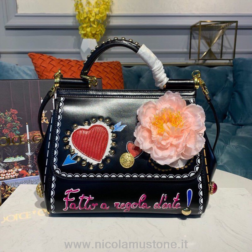 Originele Kwaliteit Dolce Gabbana Bloemen Sicilië Tas 20cm Met Dg Kristal Generfd Kalfsleer Herfst/winter 2019 Collectie Zwart