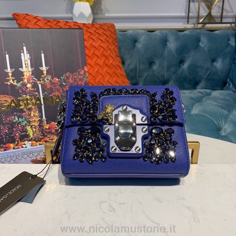 Originele Kwaliteit Dolce Gabbana Crystal Verfraaide Schoudertas 16cm Kalfsleer Herfst/winter 2019 Collectie Elektrisch Blauw