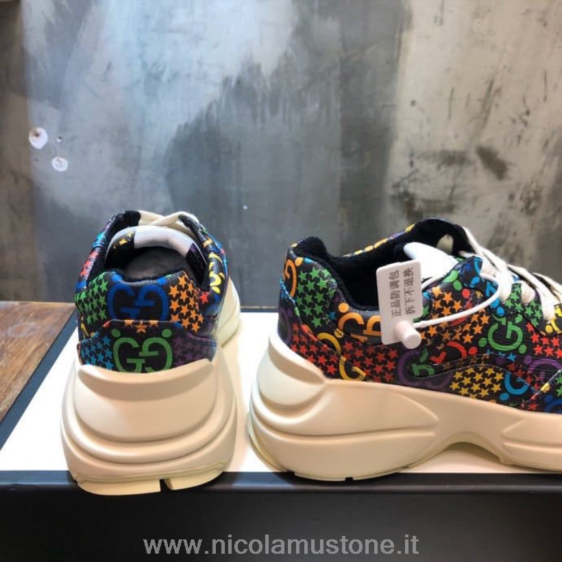 Originele Kwaliteit Gucci Psychedelische Rhyton Dad Sneakers 619891 Kalfsleer Lente/zomer 2020 Collectie Zwart