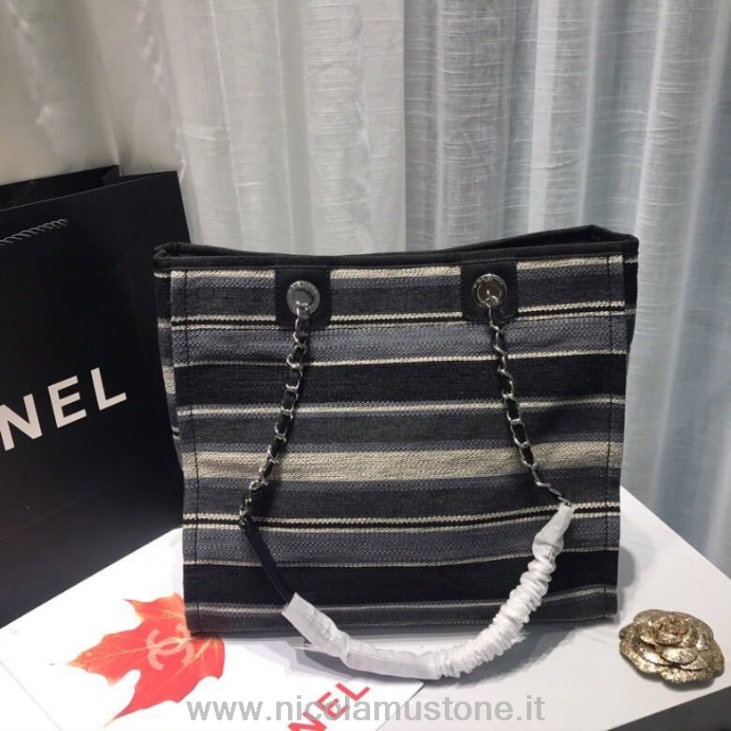 Originele Kwaliteit Chanel Deauville Tote 34cm Canvas Tas Lente/zomer 2019 Collectie Blauw/crème/multi