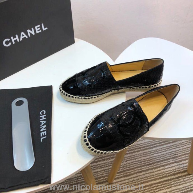 Originele Kwaliteit Chanel Pailletten En Stof Cc Lamsvacht Espadrilles Herfst/winter 2016 Collectie Zwart