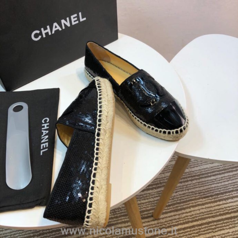 Originele Kwaliteit Chanel Pailletten En Stof Cc Lamsvacht Espadrilles Herfst/winter 2016 Collectie Zwart