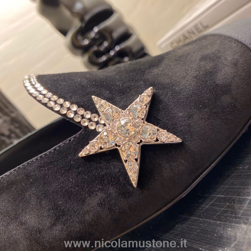 Originele Kwaliteit Chanel Suède Flats Sandalen Met Juwelen Lamsleer Lente/zomer 2020 Collectie Zwart