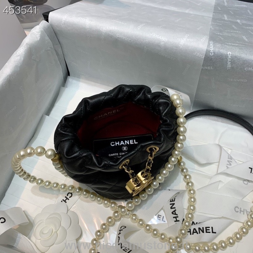 Original Kvalitet Chanel Perlekjede Snorveske 12cm As2529 Lammeskinn Gull Hardware Vår/sommer 2021 Kolleksjon Svart