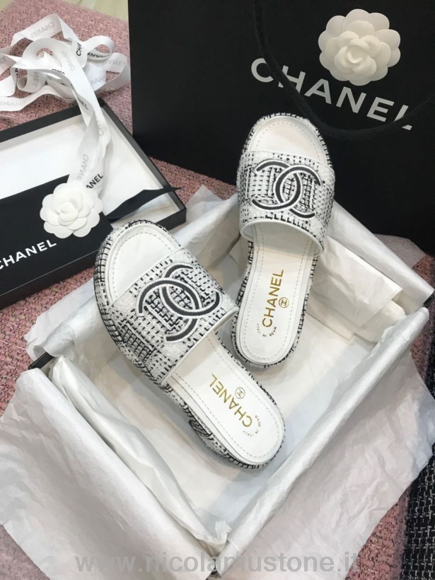 Original Kvalitet Chanel Tweed Cc Logo Mulesandaler Kalveskinn Vår/sommer 2020 Act 2 Kolleksjon Hvit/grå