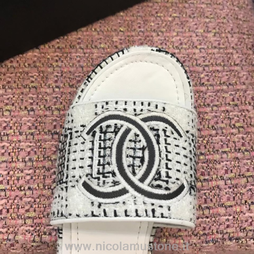 Original Kvalitet Chanel Tweed Cc Logo Mulesandaler Kalveskinn Vår/sommer 2020 Act 2 Kolleksjon Hvit/grå