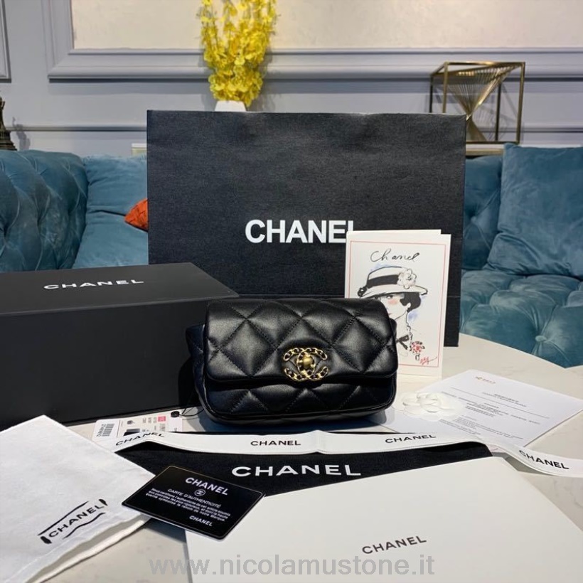 Original Kvalitet Chanel 19 Midjebelteveske 18cm Lammeskinn Gull Hardware Cruise 2019 Klassisk Kolleksjon Svart