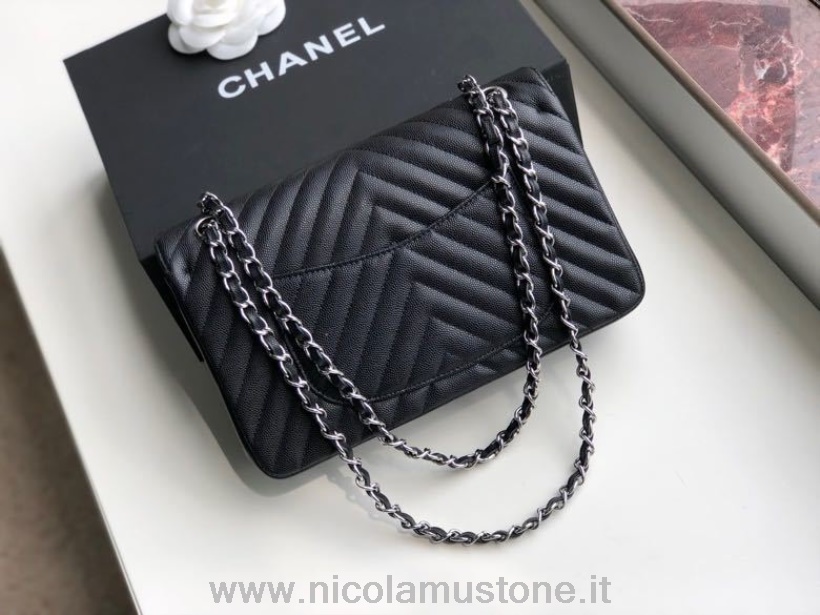 Original Kvalitet Chanel Chevron Klassisk Klaffveske 25cm Sølv Hardware Kaviar Skinn Vår/sommer 2020 Kolleksjon Svart