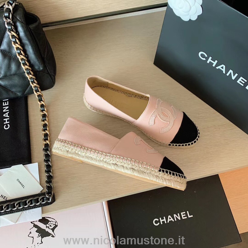 Original Kvalitet Chanel Espadrilles Skinnende Lammeskinn Vår/sommer 2020 Kolleksjon Blush/svart