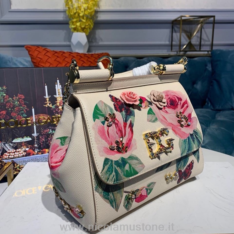 Original Kvalitet Dolce Gabbana Floral Sicilia Bag 20cm Med Dg Krystallkornet Kalveskinn Høst/vinter 2019 Kolleksjon Hvit