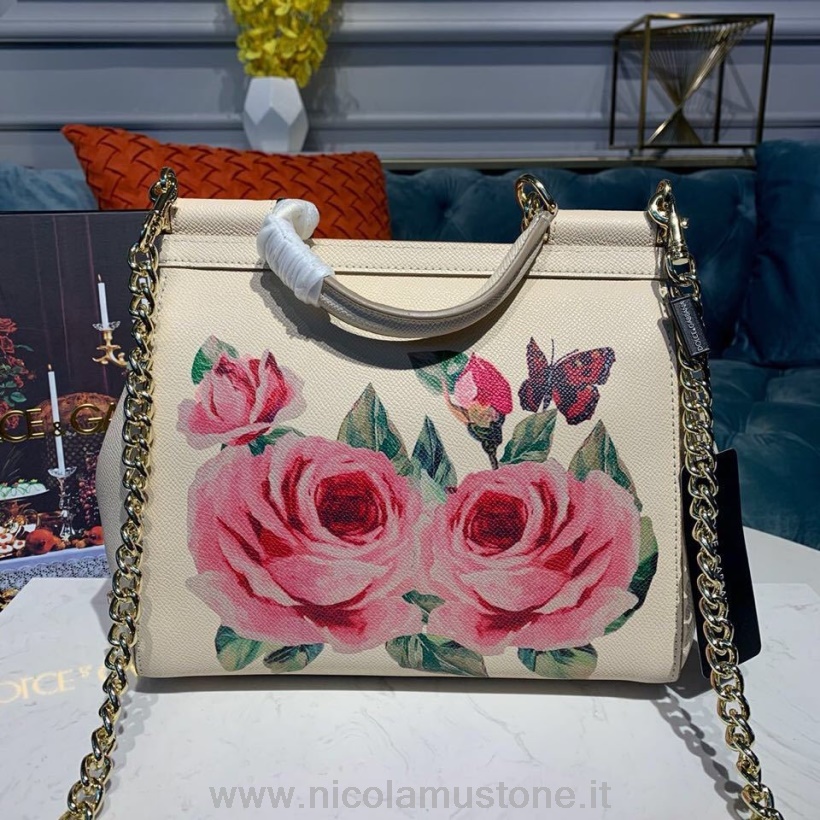 Original Kvalitet Dolce Gabbana Floral Sicilia Bag 20cm Med Dg Krystallkornet Kalveskinn Høst/vinter 2019 Kolleksjon Hvit