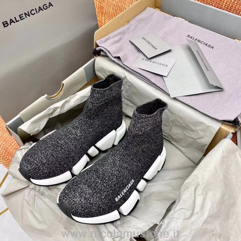 Original Kvalitet Balenciaga Speed 20 Strikke Sokker Sneakers Vår/sommer 2021 Kolleksjon Metallic Svart/hvit