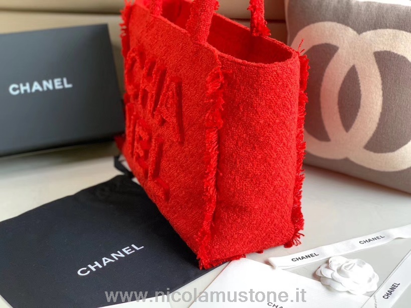 Original Kvalitet Chanel Tweed Shopper Tote Bag 30cm Gull Hardware Vår/sommer 2020 Kolleksjon Rød