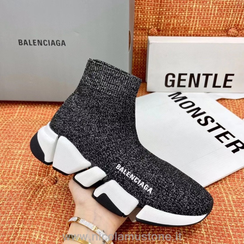 Original Kvalitet Balenciaga Speed 20 Strikke Sokker Sneakers Vår/sommer 2021 Kolleksjon Metallic Svart/hvit