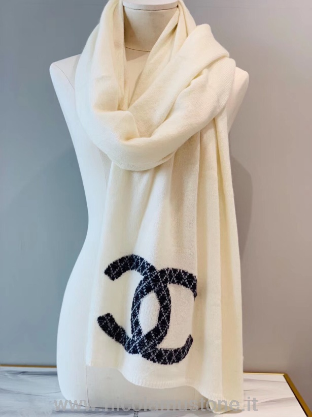 Original Kvalitet Chanel Kashmir Skjerf 200cm Høst/vinter 2019 Kolleksjon Creme/svart