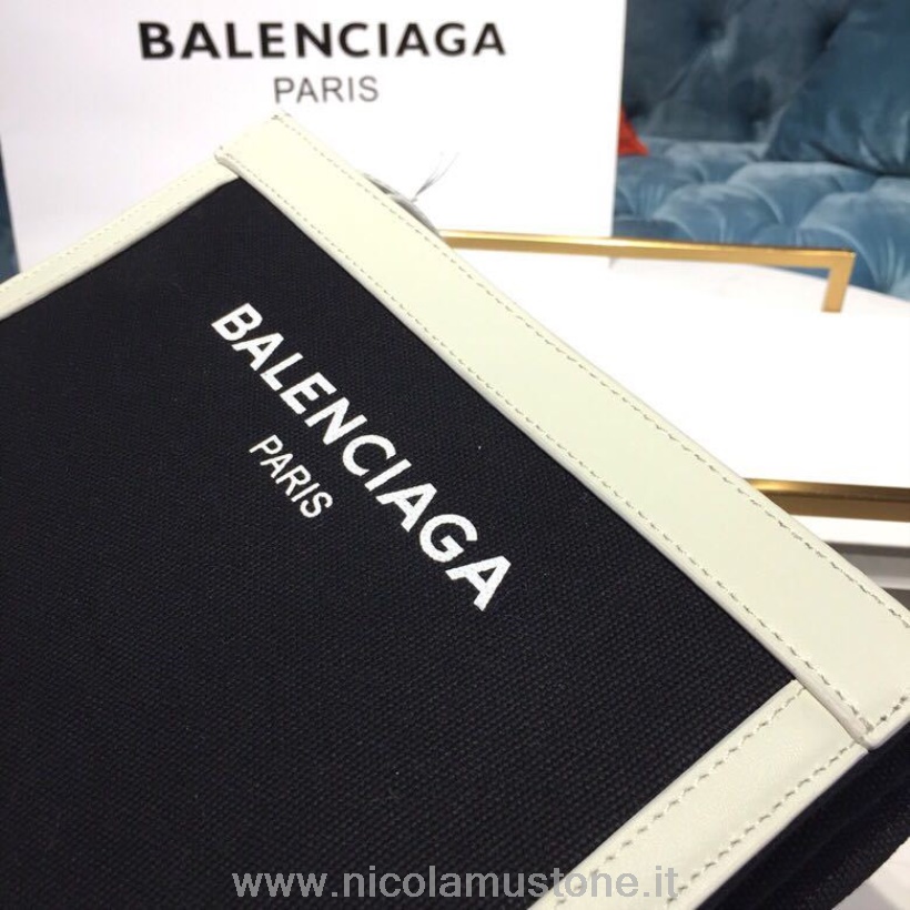Original Kvalitet Balenciaga Cabas Lærtrimmet Canvas Clutch 26cm Vår/sommer 2019 Kolleksjon Svart/hvit