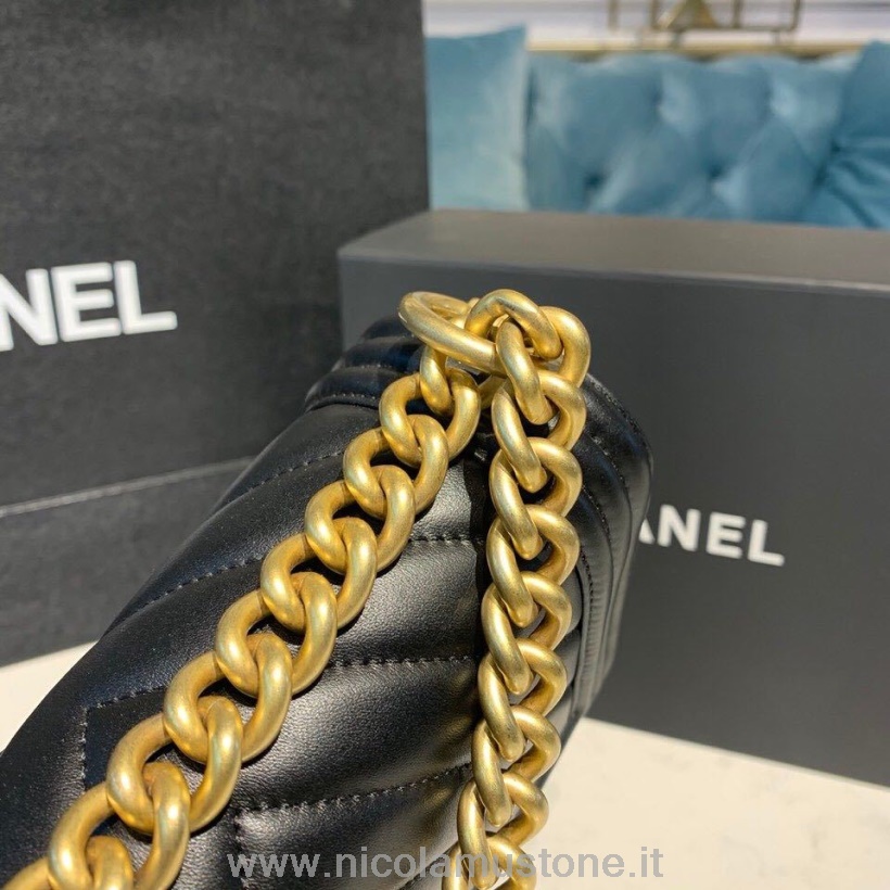 Original Kvalitet Chanel Chevron Gutteveske 20 Cm Lammeskinn Antikk Gull Hardware Høst/vinter 2019 Act 1 Kolleksjon Svart