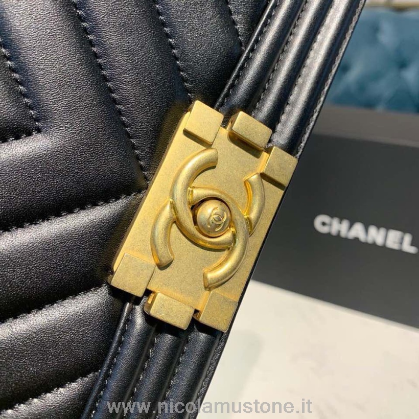 Original Kvalitet Chanel Chevron Gutteveske 20 Cm Lammeskinn Antikk Gull Hardware Høst/vinter 2019 Act 1 Kolleksjon Svart
