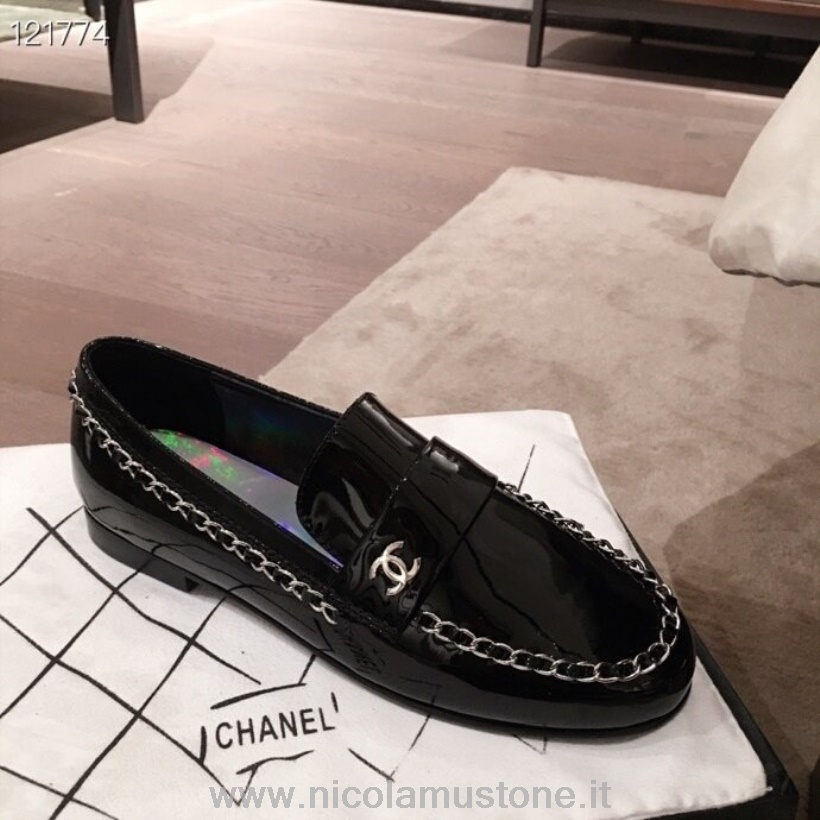 Original Kvalitet Chanel Kjede Broderte Loafers Patent Kalveskinn Høst/vinter 2020 Kolleksjon Svart