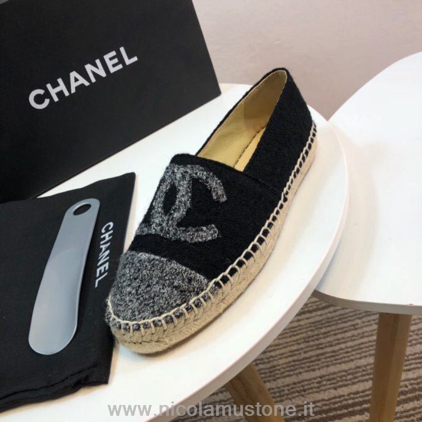 Original Kvalitet Chanel Tweed Og Stoff Espadriller Vår/sommer 2017 Kolleksjon Act 2 Svart/grå