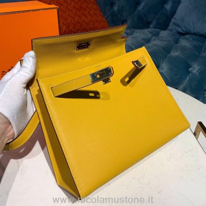 Original Kvalitet Hermes Kelly 25cm Epsom Bag Semi-handstitched Gull Hardware Jaune