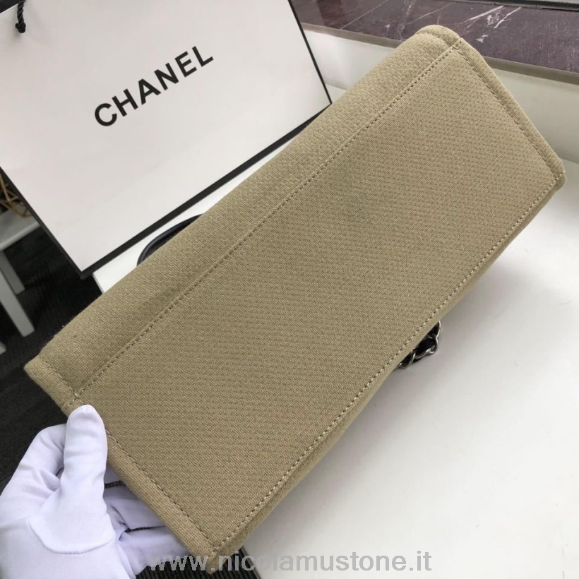 Original Kvalitet Chanel Deauville Tote 38cm Twill Lerretsveske Høst/vinter 2019 Kolleksjon Beige/hvit