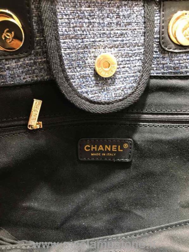 Original Kvalitet Chanel Deauville Tote 38 Cm Lerretsveske Vår/sommer 2019 Kolleksjon Svart/mørk Denim