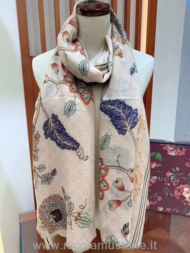 Original Kvalitet Gucci Floral Jacquard Kashmir Skjerf 200cm Høst/vinter 2019 Kolleksjon Creme/multi