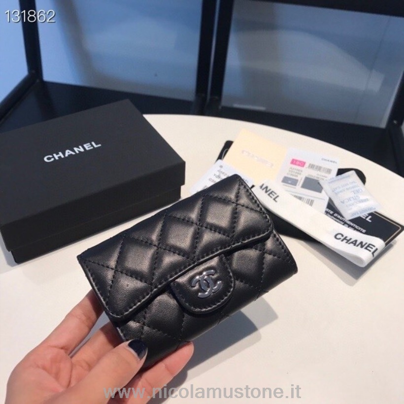 Original Kvalitet Chanel Kortholder Lommebok 16cm Sølv Hardware Lammeskinn Høst/vinter 2020 Kolleksjon Svart