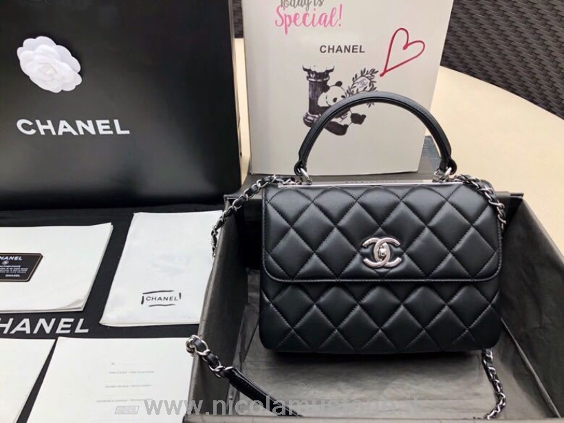 Qualità Originale Chanel Trendy Cc Top Handle Bag 25cm Pelle Di Vitello Hardware Oro Primavera/estate 2019 Collezione Act 1 Nero/nero