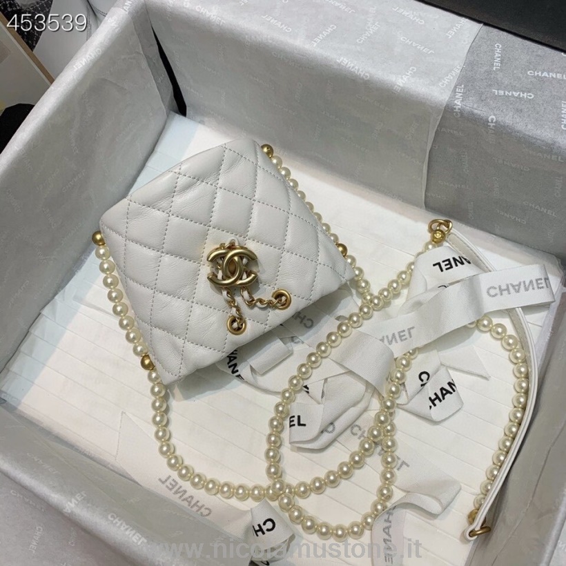 Qualità Originale Chanel Perla Catena Coulisse Borsa 12 Cm As2529 Pelle Di Agnello Hardware Oro Collezione Primavera/estate 2021 Bianco