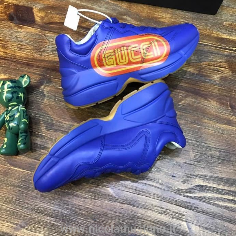 Qualità Originale Gucci Sega Anchor Rhyton Dad Sneakers 619896 Pelle Di Vitello Pelle Collezione Primavera/estate 2020 Blu